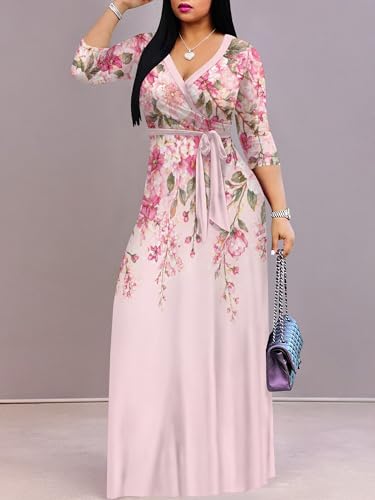 Image of PinkPatty Plus Size Maxi Dresses for Women Casual Flowy Long Dress 3 /4 Sleeve V Neck Wrap Dress with Belt