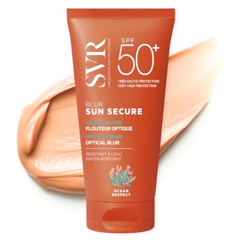 Image of SVR Sun Secure Blur SPF50+ Sunscreen - Perfecting Soft-Focus Face Cream with SPF 50, Peachy Velvet Finish Mousse-Primer, Non-Greasy, Water-Resistant, Reef-Safe, 50ml Scented Cream