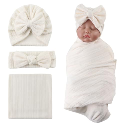 Image of OMUKY Newborn Receiving Blanket Bow Headband and Beanie Set Baby Swaddle Receiving Blankets Baby Boy Girls Nursery Swaddle Wrap(Beige)