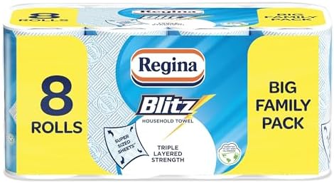 Regina Blitz Household Towels – 8 Triple Layered Rolls, 70 Sheets...