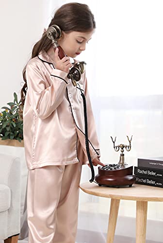 Image of Pajamas Kid Unisex Pjs Set Girls Boys Silk Pajamas Set Satin Long Sleeve 2 Piece Clasic Sleepwear for 2-12 Years Todder