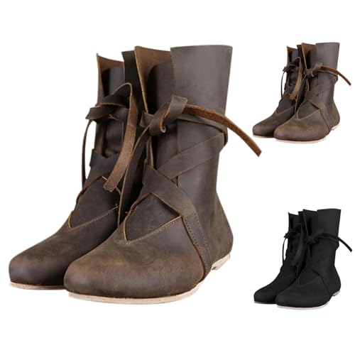 Generisch Zapatos medievales para hombre y mujer, estilo retro medieval, con cordones, punk, botas de caballero, suaves, cómodas, botas de vaquero retro, de piel sintética, con cordones, para disfraz