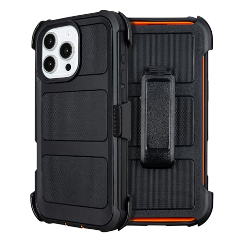 Defender for iPhone 16 Pro Max Case with Clip Holster Heavy Duty Rugged Full-Body 2 Layers of Sturdy Anti-Drop Military-Grade Defender Cover for iPhone 16 Pro Max Phone Case (Black & Orange)