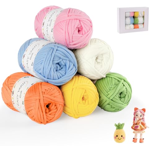 ilauke Chunky - 6 gomitoli di filato per principianti, 6 x 50 g, in cotone per uncinetto, per principianti all'uncinetto e a maglia, bianco, giallo oca, rosa, profumo verde, rosso, azzurro