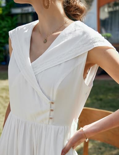 Women's White Cotton Boho Embroidered Eyelet Midi Dress, Sailor Collar Sleeveless Summer Casual Beach Vacation Dress4