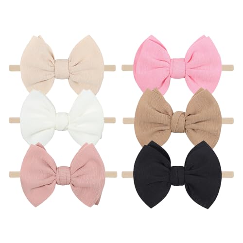 Image of VHWMHEAD Baby Headbands (6PCS) - Soft Nylon Newborn Bows Beige, Black, White, Pink, Red, Khaki - Handmade Hair Hairbands Accessories for Girls Infants