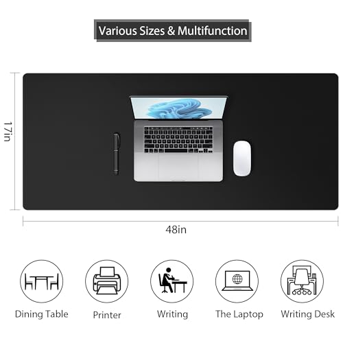 Mouse Pad Desk Protector Mat, Large PU Leather Office Desk Mat, Non-Slip Desk Pad for Keyboard and Mouse, Waterproof Desk Blotter Pad for Writing, Wide & Smooth Laptop Desk Pads, Black (17\'\'X48\'\')