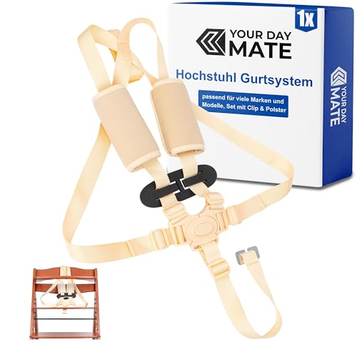 Hochstuhl 5-Punkt Gurtsystem, 1 Set, kompatibel mit Hauck, Stokke Tripp Trapp, Roba, in Beige, Hochstuhlgurt mit 2 x Gurtpolster und 1 x Brustclip, verstellbarer Kinderhochstuhl Sicherheitsgurt