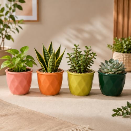 Image of ecofynd 4 Inch Ceramic Plant Pots with Drainage Hole, Modern Decorative Clay Flower Pots for Indoor Plants, Home Garden Decor for Living Room, Bedroom & Interior Spaces (Pack of 4, CPOT043-MUL)