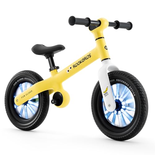 ROCKBROS Kids Balance Bike No Pedal Toddler Toy for 2-5 Years Old, 12" Anti-Slip & Auto-Glow Wheels, Lightweight 7 lbs, Adjustable Seat (13.3-15.7"), Safe 360° Steering for Boys & Girls,Yellow