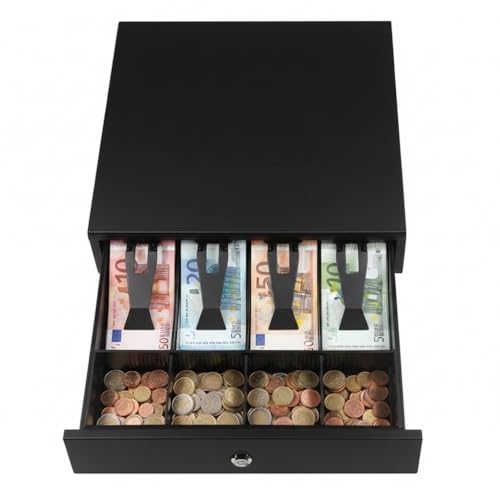 Cajón Portamonedas Caja Registradora - 33x36 - Apertura Automática RJ11 o Manual con Llaves - Organizador de Dinero 4 Compartimentos para Billetes 4 para Monedas - Estructura Metálica - Negro
