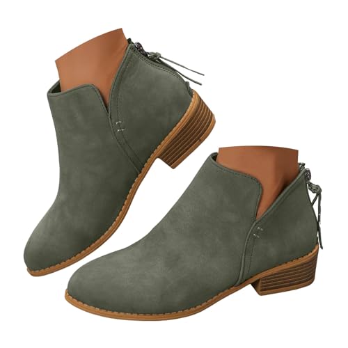 Ankle Booties for Women Casual Dress Low Heeled Booties Side V Cutout Comfortable Slip on Short Boots Fashion Suede Chunky Stacked Heel Back Zipper Pull-On Western Boots Shoes