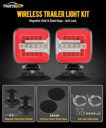Image of Partsam Wireless LED Trailer Light Kit, Square Portable Magnetic Stop Turn Reverse License Towing Tail Lights w /Metal Bracket 7-Pin Plug for Trucks Trailers 12-24V IP67 Waterproof