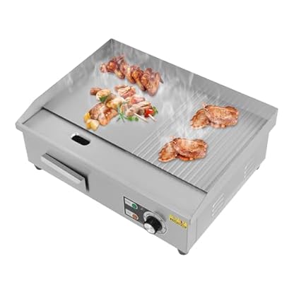 LUNICASHA Elektrisch Tischgrill Edelstahl, Kommerziell Elektrogrill 3000W, Elektrische Grillplatte 50-300 °C, Profi Elektrische Grillplatte, Links-Flach und Rechts-Konkav, 55x30cm