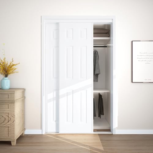 JUBEST Sliding Closet Door 48'(Double 25') x80', 6-Panel Steel Frame Bypass Primed Door with Top & Bottom Track Kits, Preassembled Hardboard Panels with Paintable Surface, Durable & Sturdy