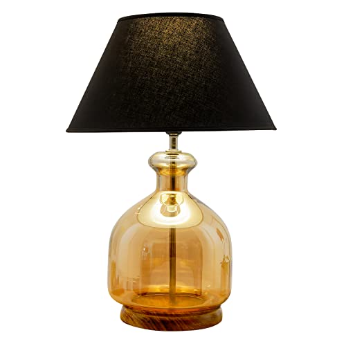 Image of Alper Mini Amber Luster Glass Table Lamp with Black Cotton Shade | Modern Designer Bedside & Living Room Decorative Table Light (Bulb Included)