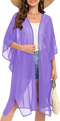 Image of Indian Trendy Women's Solid Puff Sleeve Kimono Long Cardigan Loose Cover Up Casual Blouse Top Chiffon