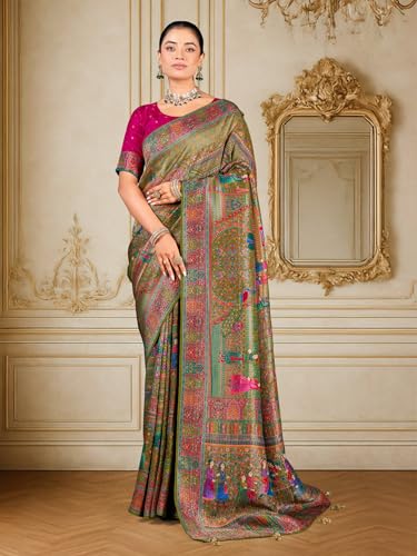 Image of Glory Sarees Women's Luxurious Dola Pure Silk Original Saree Position Print Work Madhubani Inspired Motifs Banarasi Kanjivaram Style Saree With Blouse Piece (Elegant101 Parent)