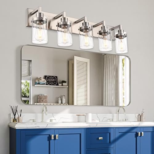 Image of 5 Light Metal Base Wall Mount Lighting with Clear Glass Shade,Brushed Nickel Bathroom Light Fixtures Bath Wall Sconces for Mirror, Kitchen,Hallway