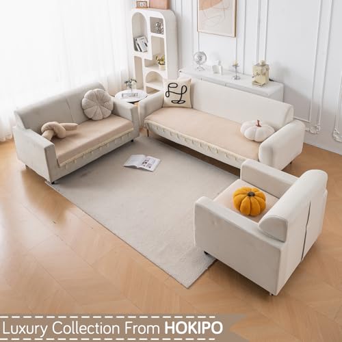 Image of HOKIPO 'Serenity Tassel' Chenille 3 Seater Sofa Cover with Tassel - Ivory Fringe (IN-892-BGE)