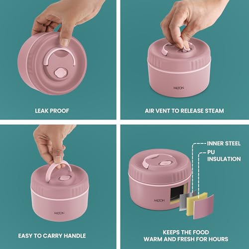 Image of MILTON Snack Box Big I Inner Steel, PU Insulated 510 ml I Leak Proof with Air Vent I Lunch Box for Office Use, School I Pink