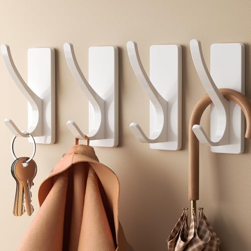 pickpiff Self Adhesive Hooks Sticky Hooks Extra Sturdy Hanging up to 6KG Metal Stainless Heavy Duty Stick on Wall Door for Towel Coat Hat Purse in Bathroom Shower Kitchen White 4 Pack