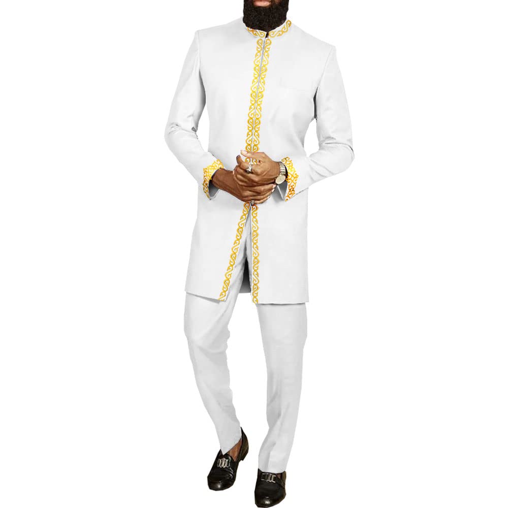 Africa-Pride Men's 11B African Suit For Dashiki Coats And Ankara Pants 2 Piece Set Wedding Evening Outfits Slim Fit Outwear Jacket Clothes - Beige - Large