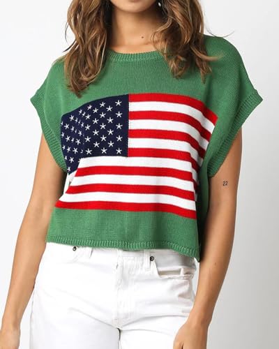 Image of Womens American Flag Sweater Cap Sleeve Summer Crop Tops Crew Neck Loose Fit Knit Sweater Pullover Top