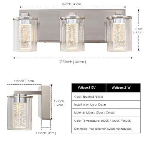 Image of SineRise Bathroom Vanity Light with 3 Color Modes (3000K /4000K /6000K), Eye Protection LED Bathroom Light Fixture, Dimmable Modern Wall Light Over Mirror with Clear Glass Shade (Nickel, 3-Light)