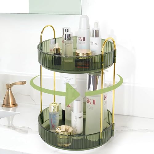 Rotating Makeup Organizer for Vanity, Large Skincare Make Up Storage Perfume Organizers for Bathroom Counter, Clear Cosmetic Lipstick Toiletry Dresser Organizer Spinning Holder (Gem Green, 2 Tier)
