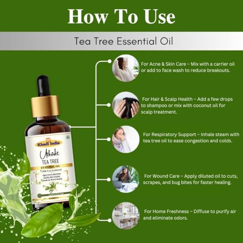 Image of Khadi Tea Tree Essential Oil 15 ml | Pure & Natural | For Acne, Breakouts & Scars | Face & Body Massage Oil | Dandruff & Scalp Health | All Skin & Hair Types | Aromatherapy for Men & Women