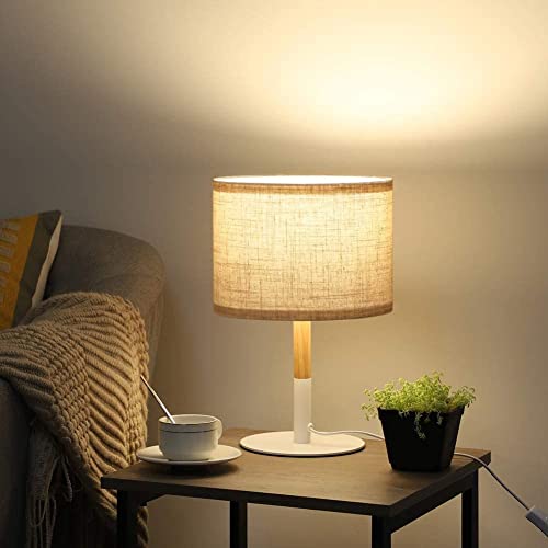 DEWENWILS Bedside Table Lamp, Rustic Wood Nightstand Lamp with Linen Fabric Lamp Shade, Small Vintage Lamps for Bedroom, Living Room, Office, Farmhouse Metal Base, ON/Off Switch