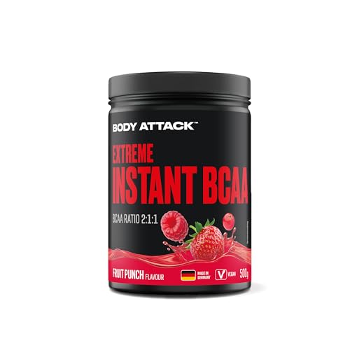 Body attack Extreme Instant BCAA - 500 g - Fruit Punch - Made in Germany - Gut lösliches, veganes BCAA Pulver im Verhältnis 2:1:1 - Zuckerfreie Aminosäuren für intensives Training - Mit L-Leucin