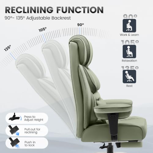 Image of BestGlory Office Desk Chair, Big and Tall Leather Gaming Chair with Footrest, Wide Ergonomic Comfy Executive High-Back Reclining Computer Chairs, Swivel Rolling Wheels and Padded Lumbar Support, Green