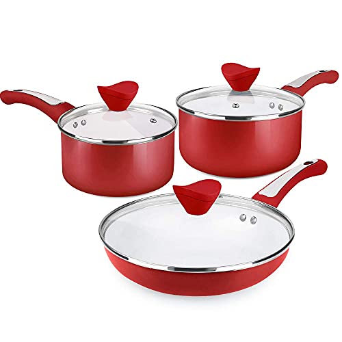 SHINEURI 6 Pieces Nonstick Cookware with Lid, Nonstick Pots and Pan with Lid, Ceramic Nonstick Pans and Pots with Lid, Ceramic Pan and Pots with Lid, Ceramic Skillet with Lids, Pans and Pots Set