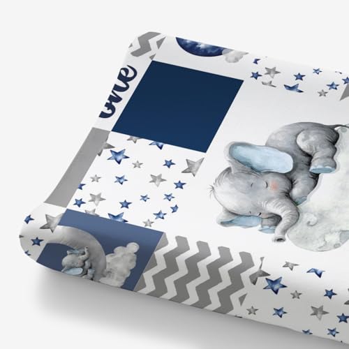 Image of HawSkgFub Sleeping Elephant Stars Changing Pad Cover for Baby Boys Navy Blue, Dream Big Little One Diaper Change Table Covers, Soft Stretchy Safe Snug Fitted Changing Mat Sheets Fit 32"/34" x 16"