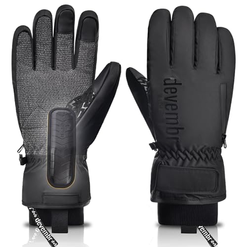 devembr Skihandschuhe mit Handgelenkschutz und Untermanschetten-Design, Snowboardhandschuhe Touchscreen, Schwarz, XS