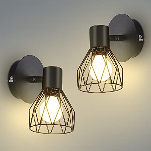 Kimjo Wall Lights Rotatable, Industrial E14 Socket Adjustable Wire Cage Wall Lights, Sconce Wall Lights in Black Metal for Kitchen Living Room Bedroom, 2 Packs