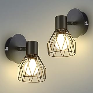 Kimjo Wall Lights Rotatable, Industrial E14 Socket Adjustable Wire Cage Wall Lights, Sconce Wall Lights in Black Metal for Kitchen Living Room Bedroom, 2 Packs
