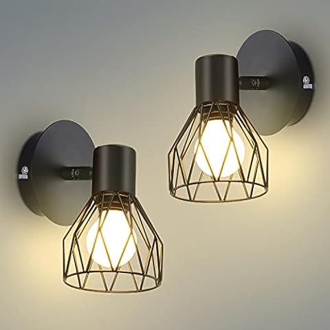 Kimjo Wall Lights Rotatable, Industrial E14 Socket Adjustable Wire Cage Wall Lights, Sconce Wall Lights in Black Metal for Kitchen Living Room Bedroom, 2 Packs Cover