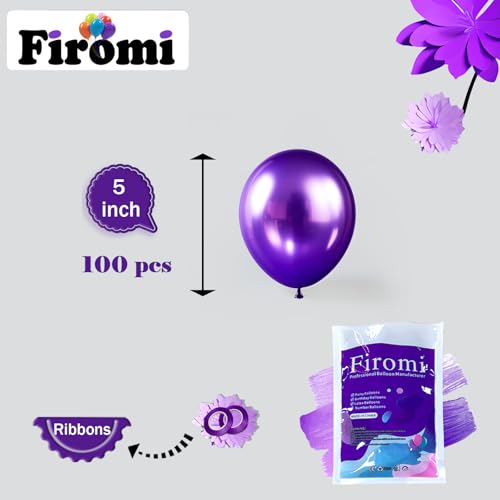 Image of Firomi Metallic Chrome Purple Balloons 5-inch 100 Pack (with 2 Ribbons) | Helium Small-Medium Shiny Round Purple Thicken Latex Balloon for Wedding Birthday Party
