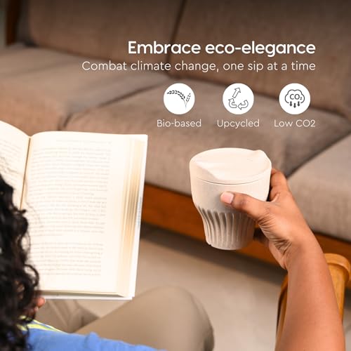Image of Eha Earth Friendly Rafter Coffee Mug with Lid | Tea Cup Set | 250 ml | Made with Rice Husk | Microwave Safe Mugs for Gifting | 4 Unit | Sand Castle