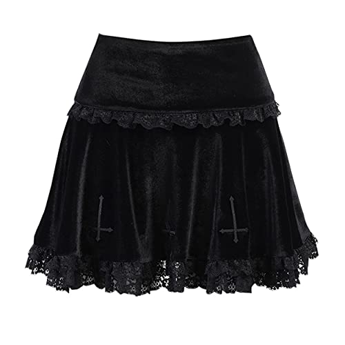 Amazon.com: Women Vintage Goth Cross Black Skirt Lace Trim A Line