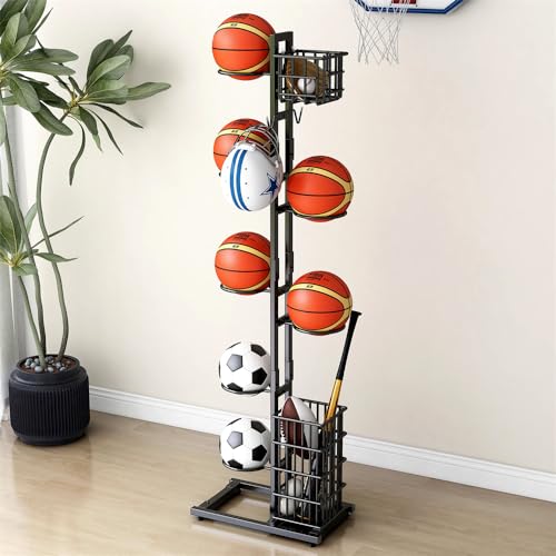 Treesunshine Soporte de Baloncesto y fútbol, Organizador de Garaje para Equipos Deportivos, Estante de Almacenamiento de Baloncesto, Estante Vertical para Pelotas con 7 Soportes para Pelotas y 2 cest