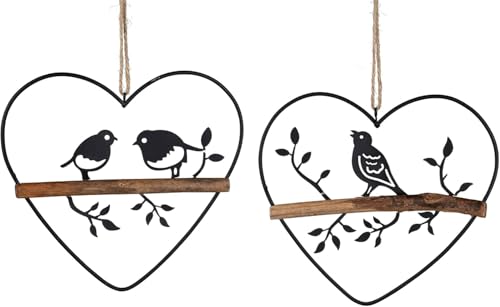 2 x Dekohänger Vogel auf AST im Herz | Metall Fensterdeko Hänger schwarz...