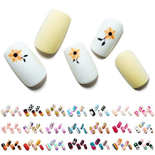 Press on Nails Short Square GLAMERMAID, Nude Flower Acrylic Fake Nails with Design Stick Glue on Nails for Women Reusable False Nail Tips Art Sets with 48Pcs Adhesive Tabs Nail File, Cuticle Stick
