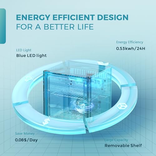 EUHOMY 48 Can Beverage Refrigerator cooler-Mini Fridge Glass Door for Beer Drinks Wines, Countertop Beverage Fridge with Adjustable Shelves Blue LED for Home/Office/Dorm/Bar, 1.3 cu.ft