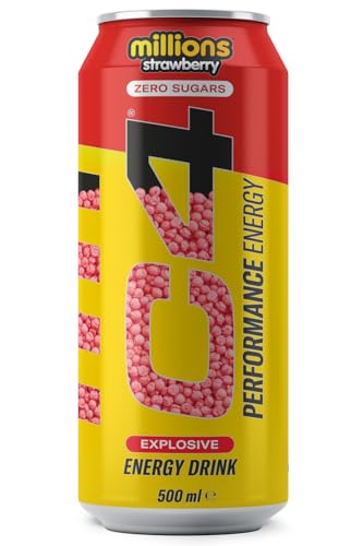 C4 Performance Energy Drinks Millions Strawberry 500ml (12 Pack) | Sugar Free Energy Drink with 160mg Caffeine, 250mg Betaine, 1050mg Taurine | Low Calorie Fizzy Drinks for On The Go Energy and Focus