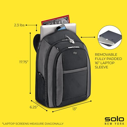 Solo New York Laptop Backpack for Women & Men -Carry On Bookbag for Travel & Work, Lightweight Bag, Removable Laptop Sleeve, Padded Straps, Fits 16" Computer - Metropolitan, Black & Grey3