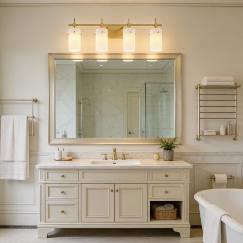 Image of SOLFART Bathroom Light Fixtures, 4 Light Vanity Lights for Bathroom, Gold Wall Light with Milky White Glass for Mirror, Living Room, Hallway, Cabinet, E26 Base (Bulbs Not Included)